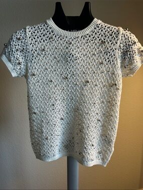 Jason Wu Open Knit Short Sleeve Top | Metal Bead Detail | Designer | XS
